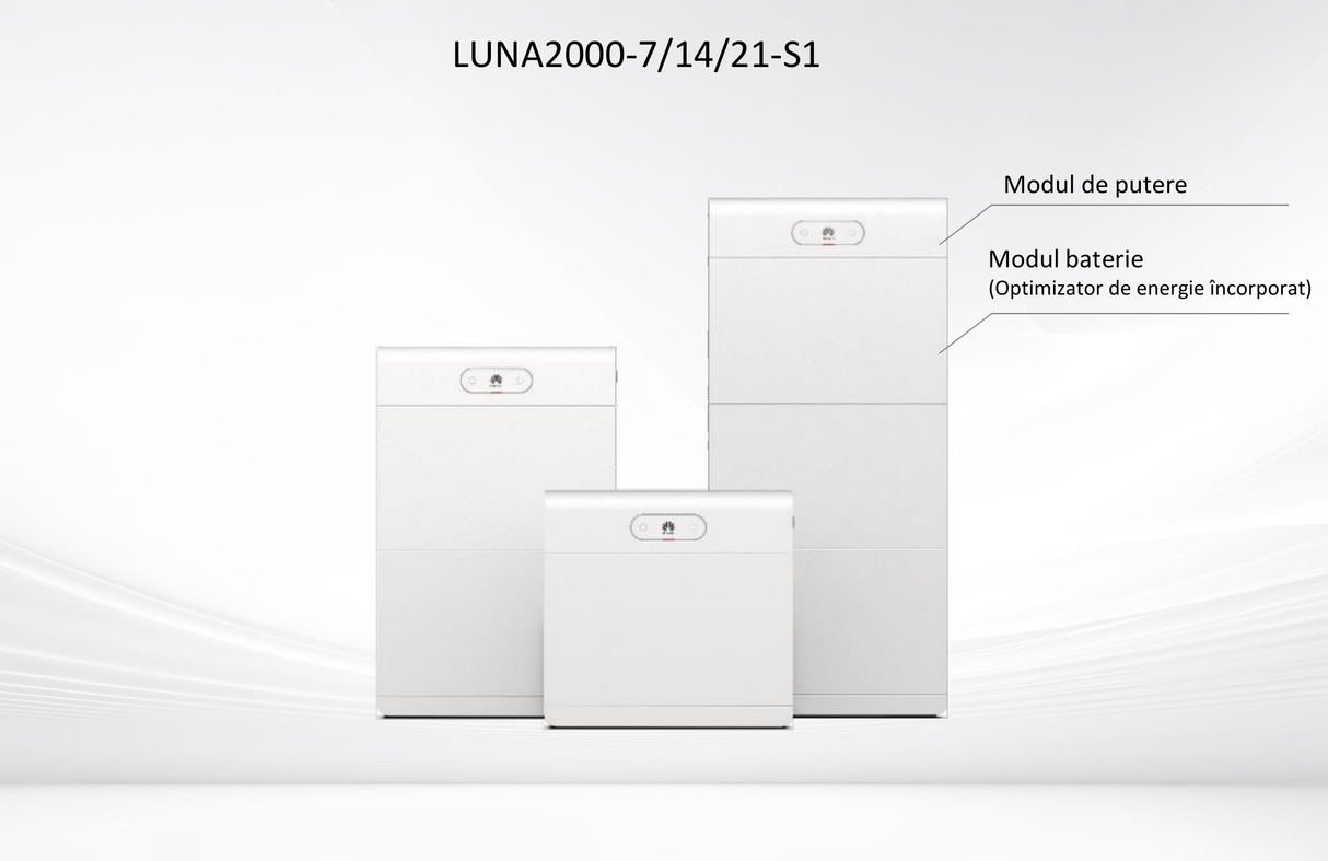 Huawei LUNA2000-S1 system configuration examples showing where the LUNA2000-10KW-C1 control unit (labeled 'Modul de putere') and LUNA2000-7-E1 battery module (labeled 'Modul baterie') sit in an assembled stack — module count shown is illustrative, not a fixed bundle