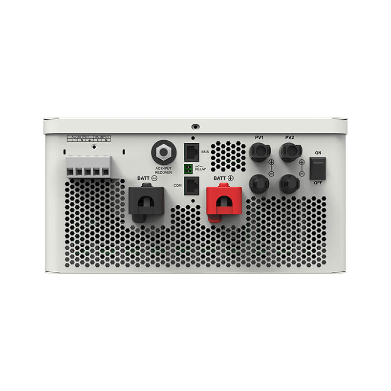 EPEVER HP5542-AH1050P20A ქვედა პანელი, ორი PV შესასვლელი (PV1, PV2), ბატარეისა და AC კლემები