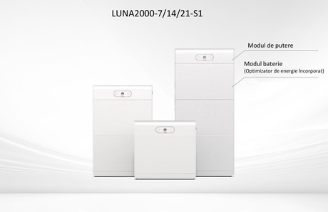Huawei LUNA2000-S1 system configuration examples showing where the LUNA2000-10KW-C1 control unit (labeled 'Modul de putere') and LUNA2000-7-E1 battery module (labeled 'Modul baterie') sit in an assembled stack — module count shown is illustrative, not a fixed bundle