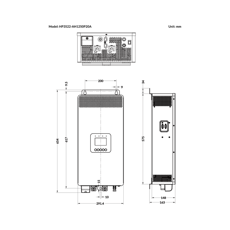 EPEVER HP3522-AH1250P20A გაბარიტული ნახაზი, 654 × 291.4 × 163 მმ